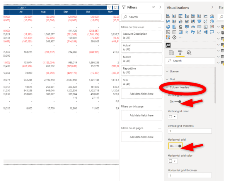 Enabling grid lines